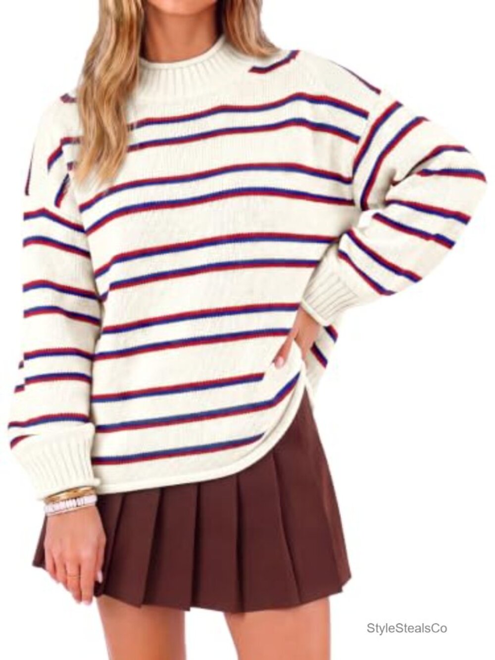 Striped Mock Neck Sweater Long Sleeve Oversized Knit Pullover